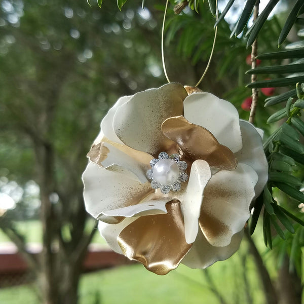 Ivory and Gold Puff Flower Ornament