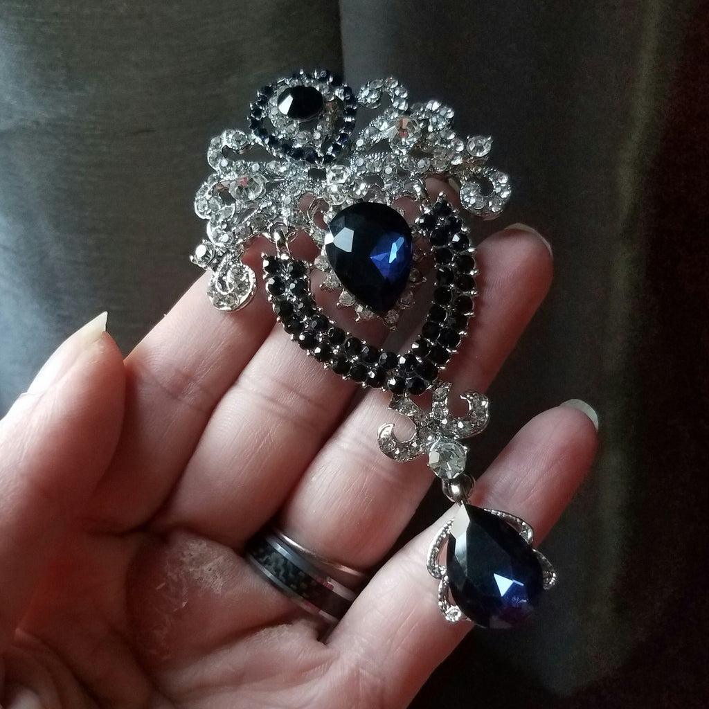 Dangling Dark Navy Ornate Brooch