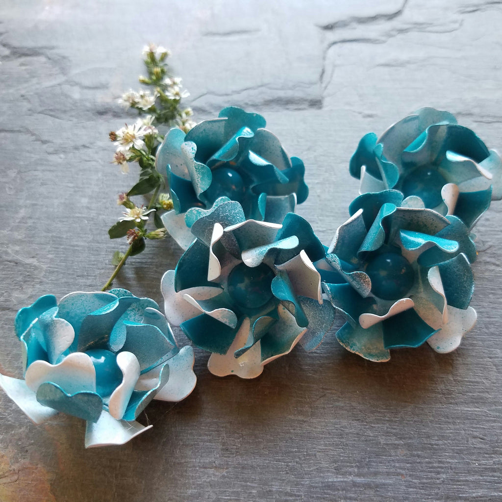 Small Teal and White Cabbage Rose Brooch