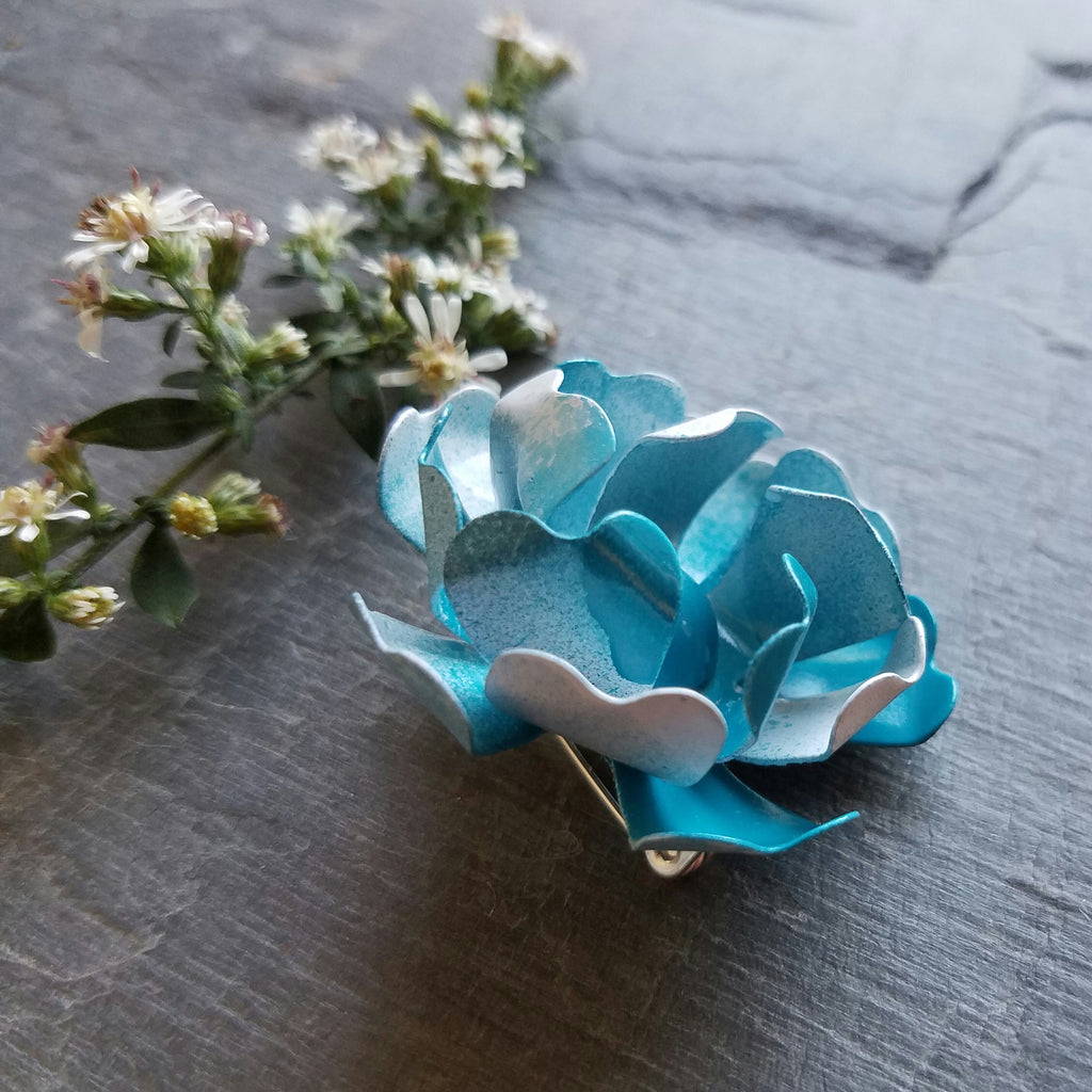Small Teal and White Cabbage Rose Brooch