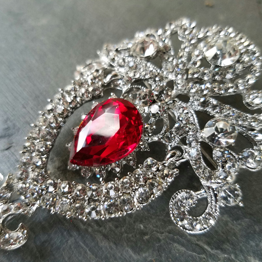 Dangling Red and Clear Rhinestone Brooch