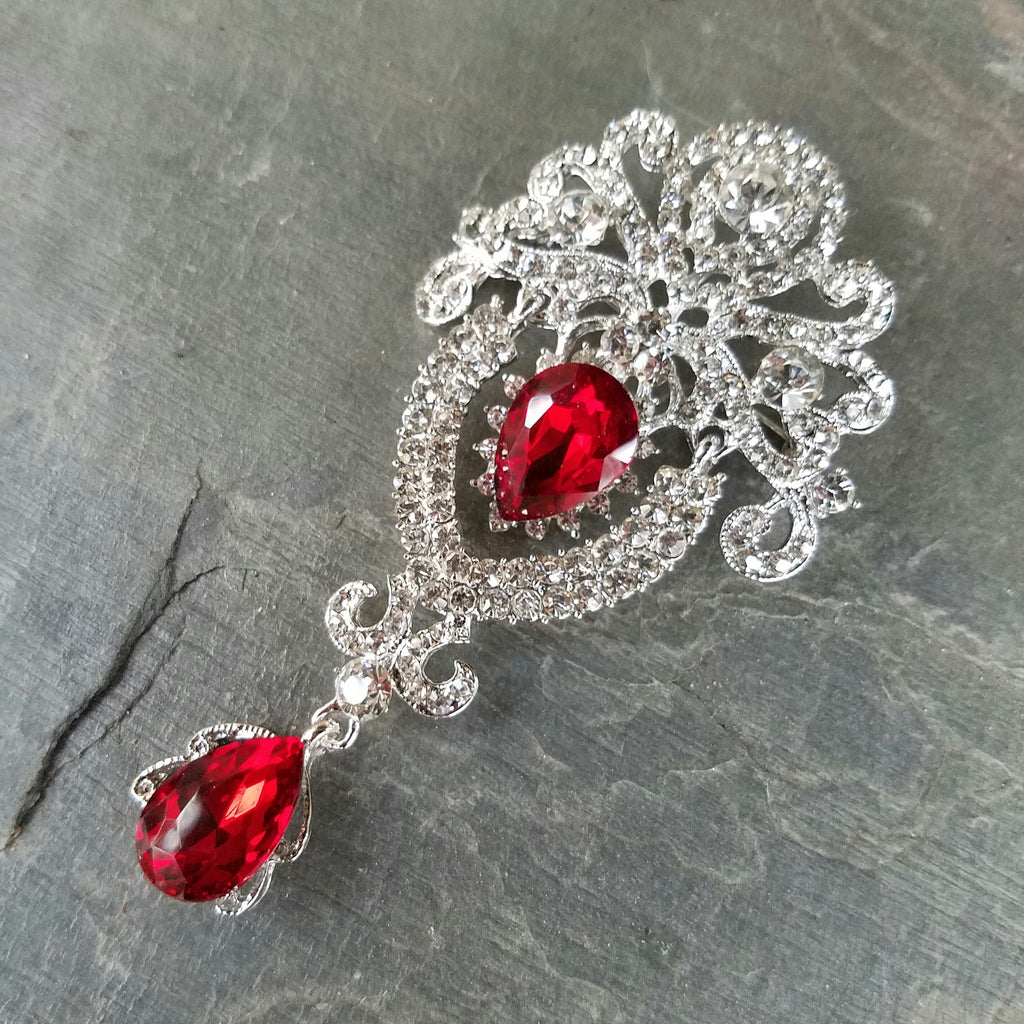 Dangling Red and Clear Rhinestone Brooch