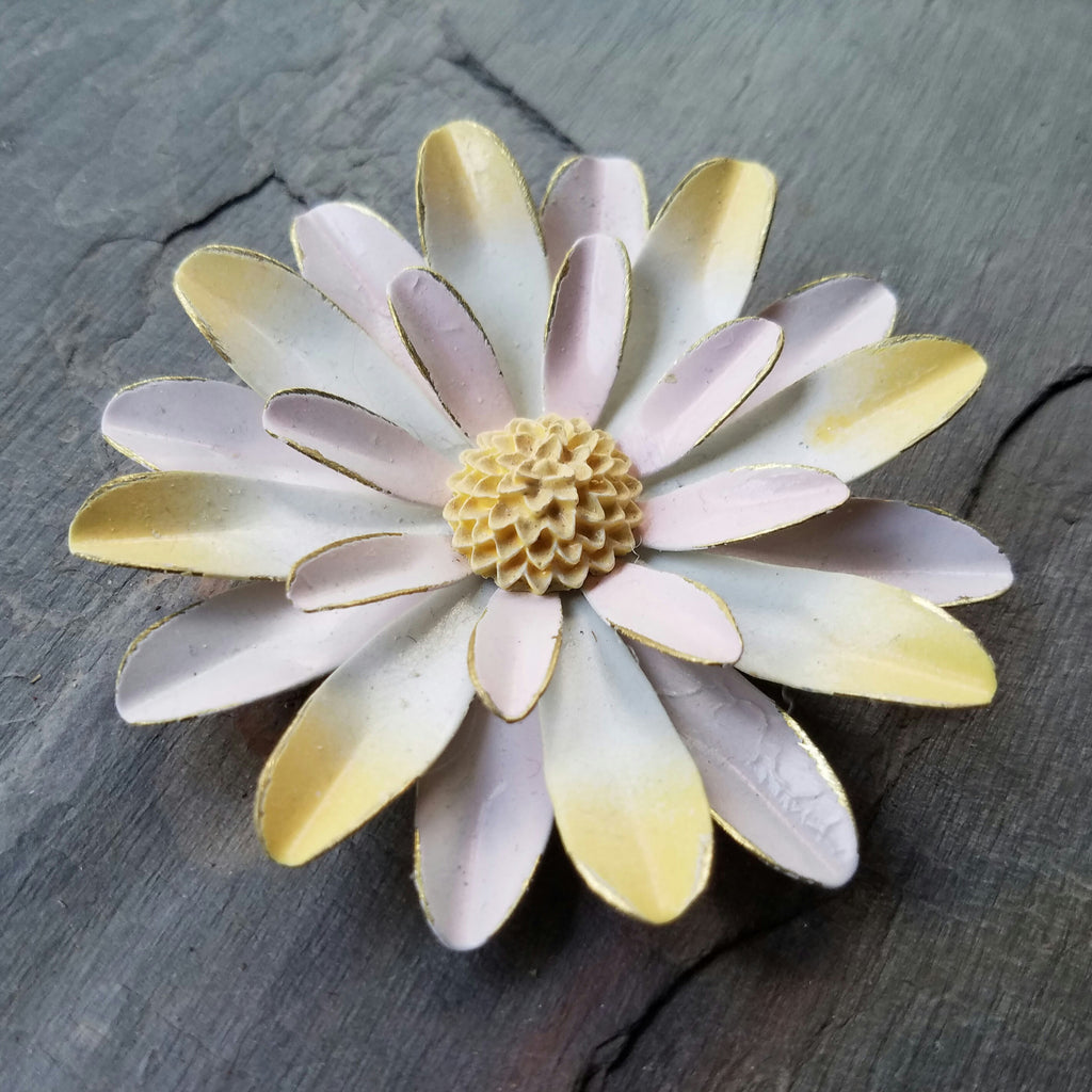 Distressed Large Pink and Yellow Sunburst Brooch