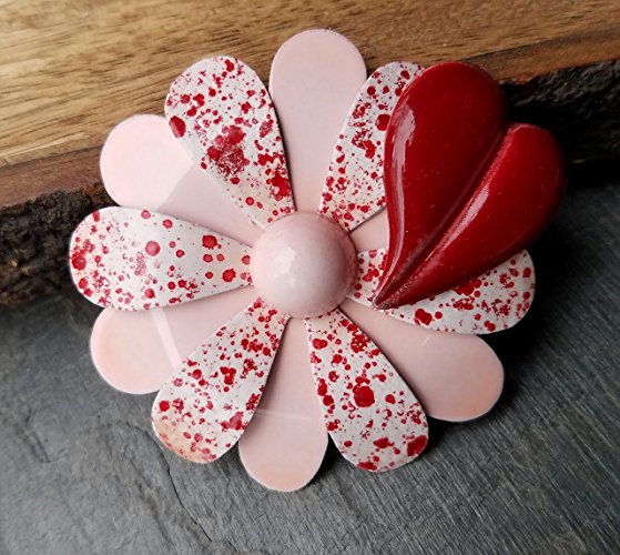 Pink and Red Flower Brooch with Heart