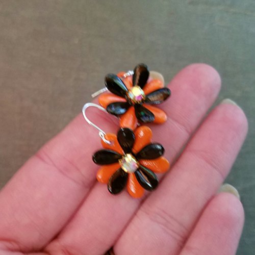 Halloween Flower Earrings Black and Orange with AB Rhinestones