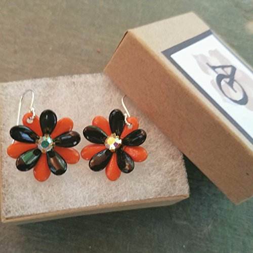 Halloween Flower Earrings Black and Orange with AB Rhinestones