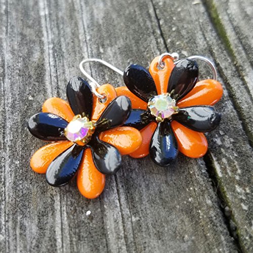 Halloween Flower Earrings Black and Orange with AB Rhinestones