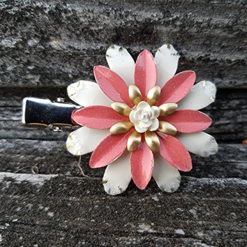 Coral and Ivory Brass Flower Hair Clip