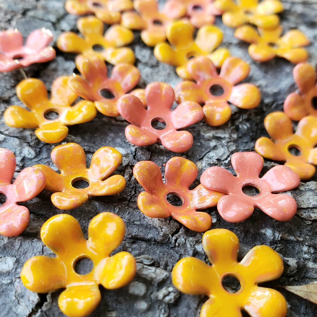 20 Pcs Enamel Flower Layers Yellow Coral Orange 1/2 Inch (12-13mm)